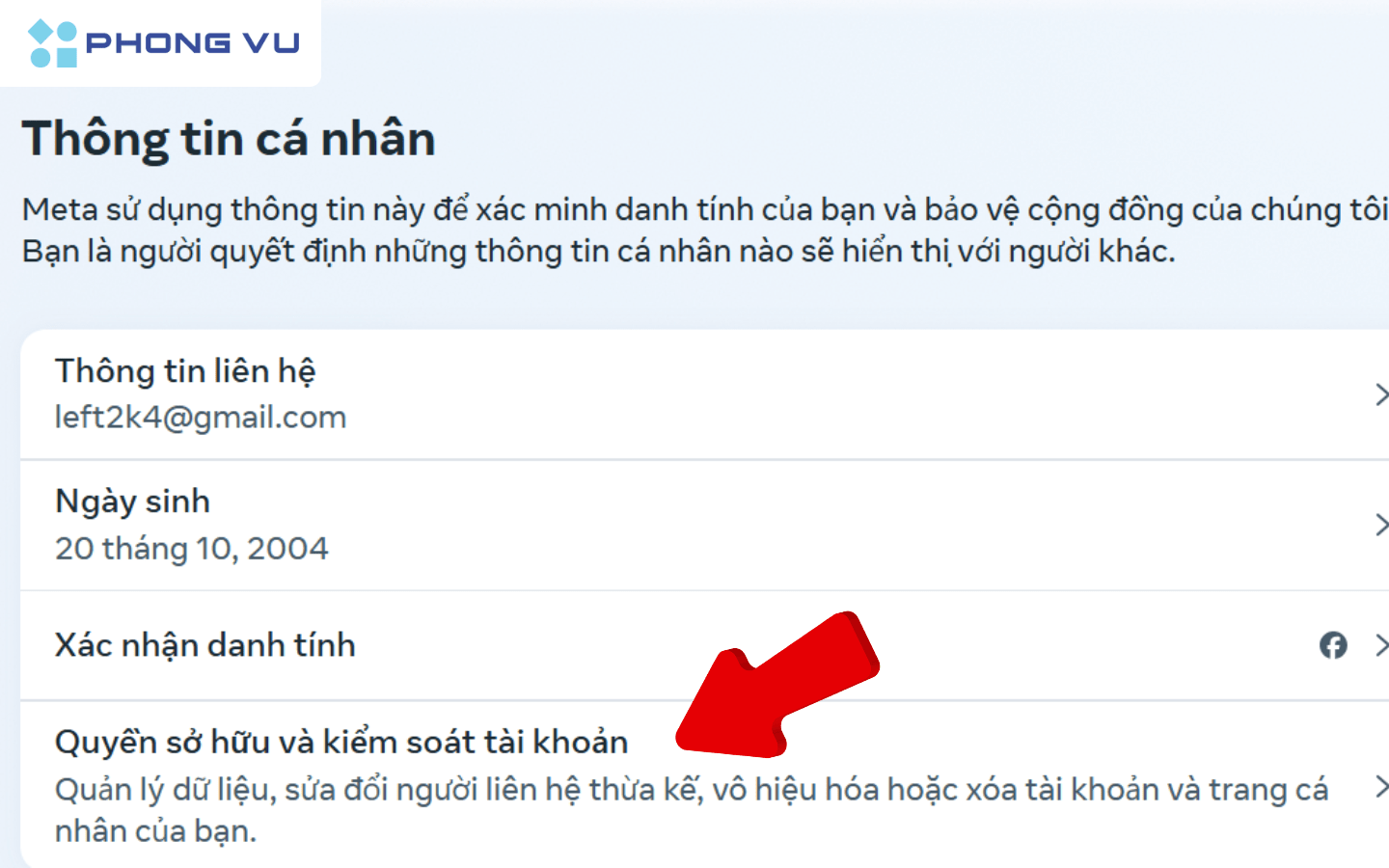 Chọn Quyền sở hữu và kiểm soát tài khoản 