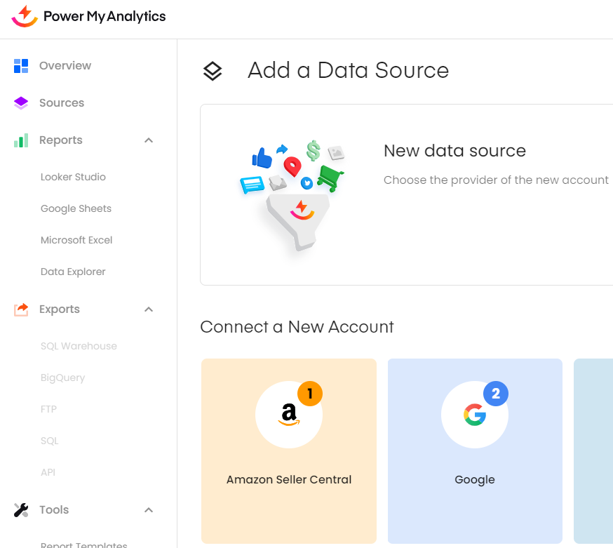 The 'Add a Data Source' element of the Power My Analytics UI.