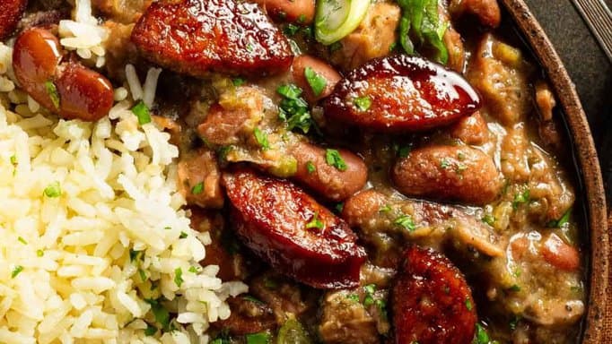 Authentic Louisiana Red Beans and Rice in a brown bowl.