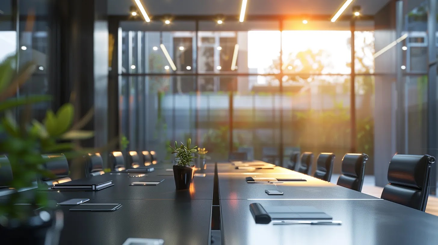 an modern office space featuring a sleek conference room with tailored cleaning equipment visibly organized, representing a professional environment where customized cleaning plans enhance productivity and indoor air quality.