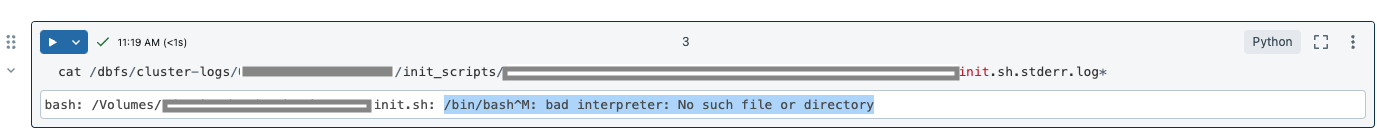 Image showing an error message: bash: /Volumes/abc-init.sh: /bin/bash^M: bad interpreter: No such file or directory