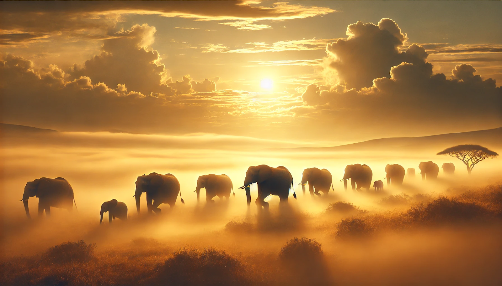  A dreamlike landscape of a herd of elephants walking through a misty, golden savanna at sunrise. The glowing sunlight creates a serene and otherworldly effect, emphasizing themes of unity, strength, and wisdom.