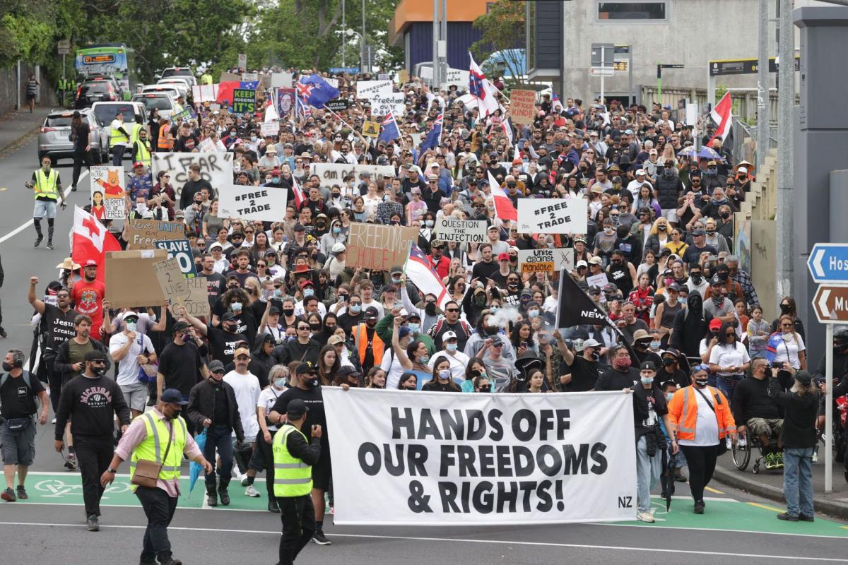 A photo of protesters making their way through Newmarket, Auckland. Photo / Brett Phibbs