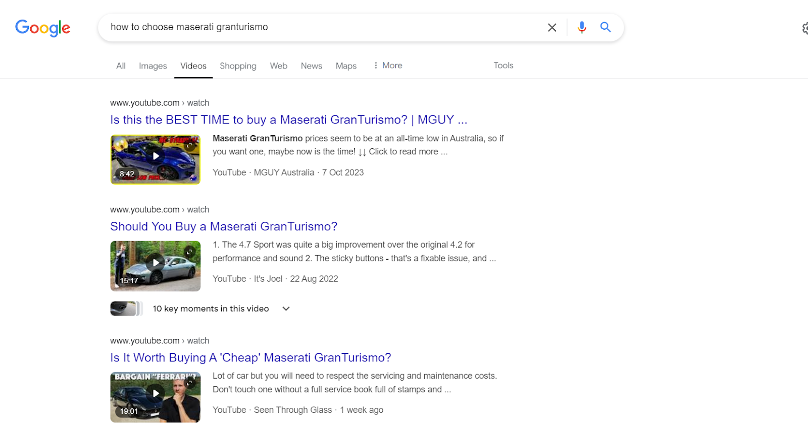 SERP results for “how to choose Maserati Granturismo” search query