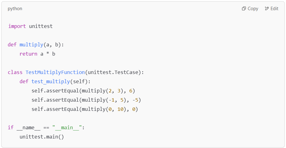 Python unit tests for multiplication function.