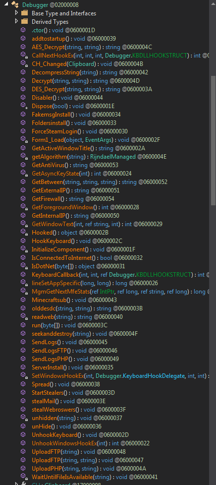 Debugger 002000008 
Base Type and Interfaces 
Derived Types 
.ctoro: void @0600001D 
addtostartupO : void 006000039 
string) : string 00600004C 
CallNextHcckEx(int, int, int, Debugger.KBDLLHOOKSTRUCT): int 
: void 006000048 
DecompressString(string) : string 006000042 
Decrypt(string, string) : string 006000040 
string) : string 00600003A 
Disablero: void 006000044 
: void @0600001E 
Fakemsg1nstallO : void 006000034 
FoldersinstallO : void 006000033 
ForceSteamLoginO : void 006000030 
&.'entArgs): void 00600002F 
GetActiveWindowTitIeO : string 00600002A 
getAIgorithm(string): RijndaeIManaged 00600004E 
GetAntiVirusO : string 006000053 
GetAsyncKeyState(int) : int 006000024 
Get8etween(string, string, string) : string 006000052 
: string 006000051 
GetFirewallO : string 006000054 
GetFcregrcundWindcwO : int 006000028 
: string 006000050 
GetWindcwText(int, ref string, int): int 006000029 
: object 006000028 
HookKeyboardO : void 
InitializeComponentO : void 00600001 F 
IsConnectedToInternetO: bool 006000032 
: object 006000031 
KeyboardCaIIback(int, int, ref Debugger.KBDLLHOOKSTRUCT): int t 
lineSetAppSpecific(Iong, long): long @06000026 
MgmGetNextMfeStats(ref IntPtr, ref long, ref string, ref long): long 
: void 006000043 
olddesdc(string, string) : string 006000038 
readweb(string) : string 006000040 
: void 
seekanddestroy(string) : void 00600004F 
SendLogsO : void 006000045 
: void 006000046 
SendLogsPHPO : void 006000049 
Server1nstallO : void 006000035 
SetWindowsHookEx(int, Debugger.KeyboardHookDeIegate, int, int): 
SpreadO : void 006000038 
: void @0600003D 
stealMailO : void @0600003E 
stea[WebroswersO : void 00600003F 
unhidden(string) : void 006000037 
unHideO : void 006000036 
UnhookKeyboardO : void @0600002D 
UnhookWindcwsHcckEx(int) : int 006000022 
UploadFTP(string) : void 006000048 
UploadFTP(string, string) : void 006000047 
UploadPHP(string, string) : void 00600004A 
WaitlJntiIFiIeIsAvaiIabIe(string) : void 006000041 