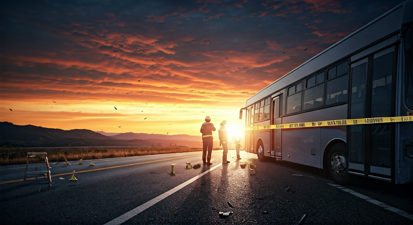 Bus accident scene with evidence collection