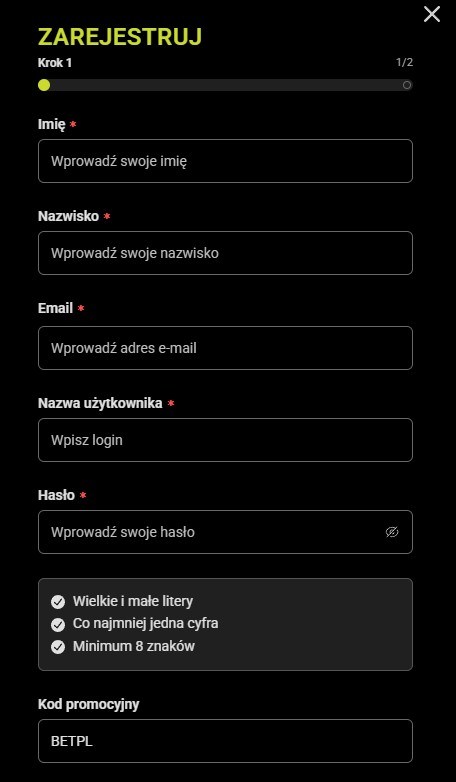 Gobet kod promocyjny - krok 1