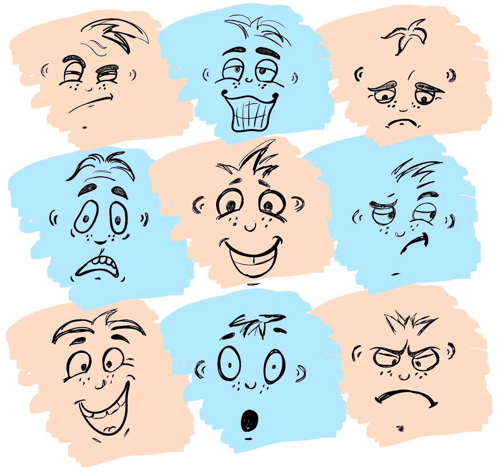 (A grid of nine cartoon faces displaying various emotions: top row left to right, sleepy, goofy, sad; middle row, surprised, happy, tired; bottom row, excited, shocked, angry. Use this as inspiration to Sketch Your Feelings with vibrant expressions.)