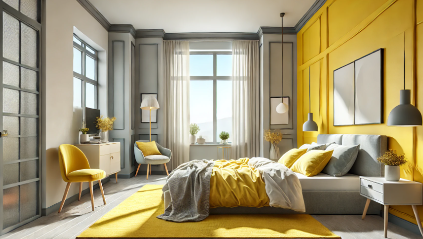 Cheerful bedroom with a grey and yellow palette, symbolizing a burst of sunshine on a cloudy day.
