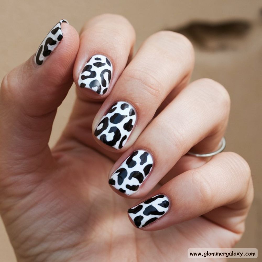 Neutral Leopard Print Nails having Bold Black and White Leopard Patterns
