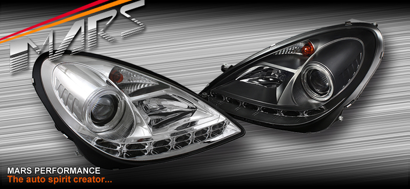 Sleek Mars Performance aftermarket headlights with LED accents, designed for enhanced visibility and modern car styling.