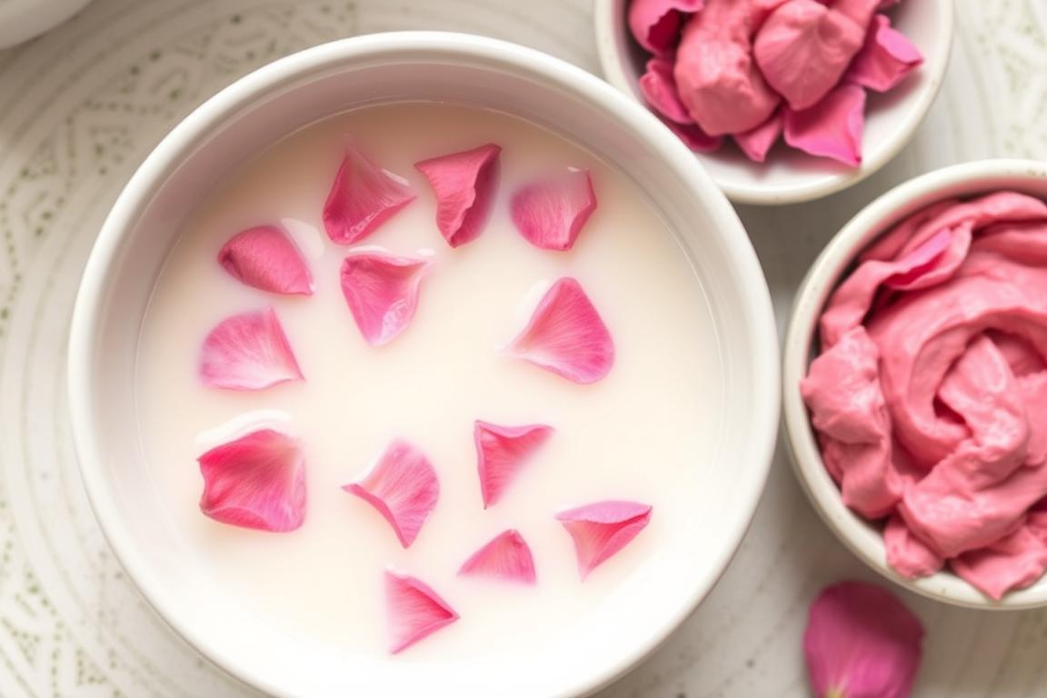 Rose petals soaking in milk in a small bowl with some mashed rose paste nearby