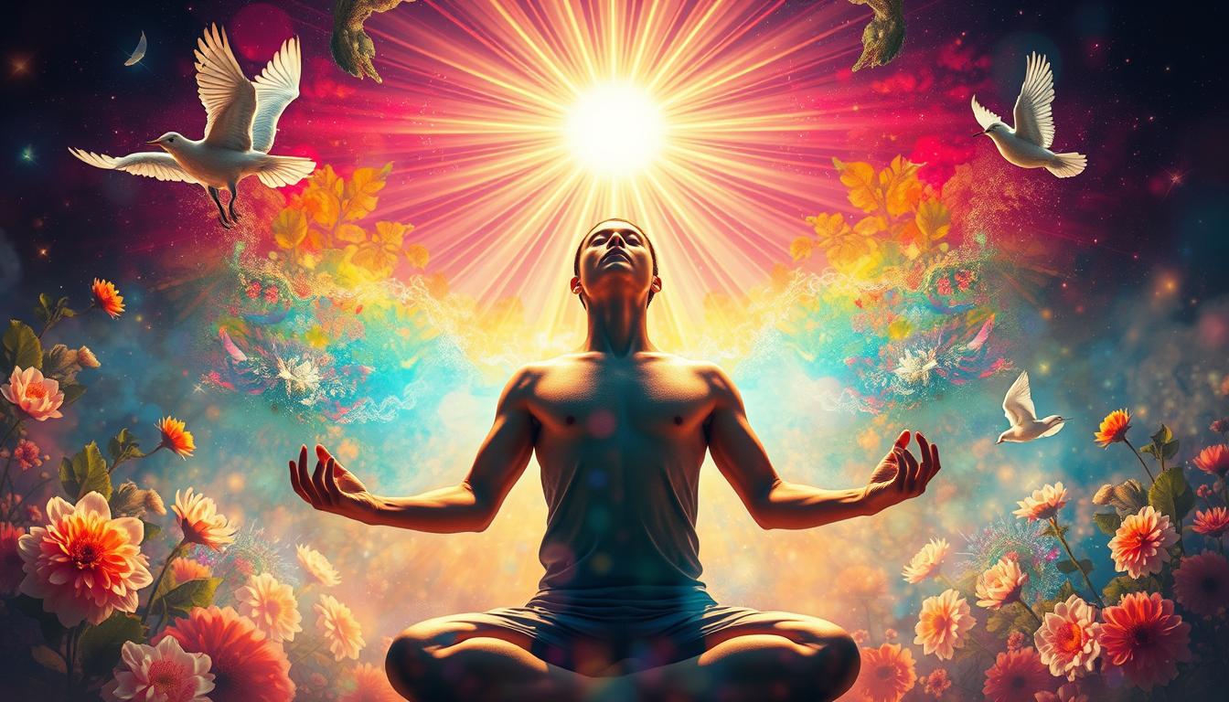 A person taking action to manifest positive energy, surrounded by vibrant colors and symbols of growth and abundance. The person could be seen meditating, exercising, or engaging in another form of self-improvement activity, while rays of positivity emanate from their body. The background might feature imagery of blooming flowers, birds in flight, or other natural elements that represent growth and renewal. Overall, the image should convey a sense of power and transformation through the act of taking positive steps forward.