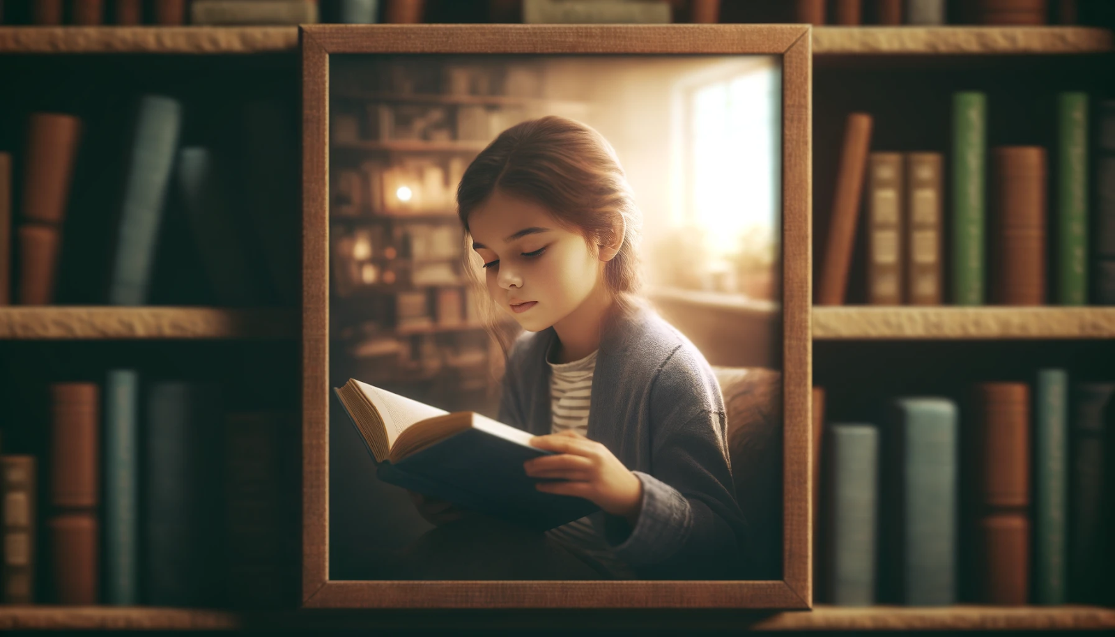 A digital illustration of a young girl engrossed in reading a book, framed within a wooden bookshelf filled with books. Warm sunlight filters through a window, casting a soft glow, eand voking a sense of nostalgia and the joy of reading.