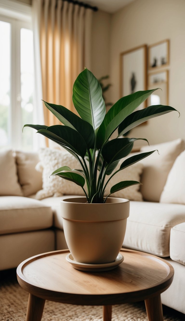 A beige indoor plant pot sits on a wooden side table in a cozy living room with beige decor and natural light streaming in