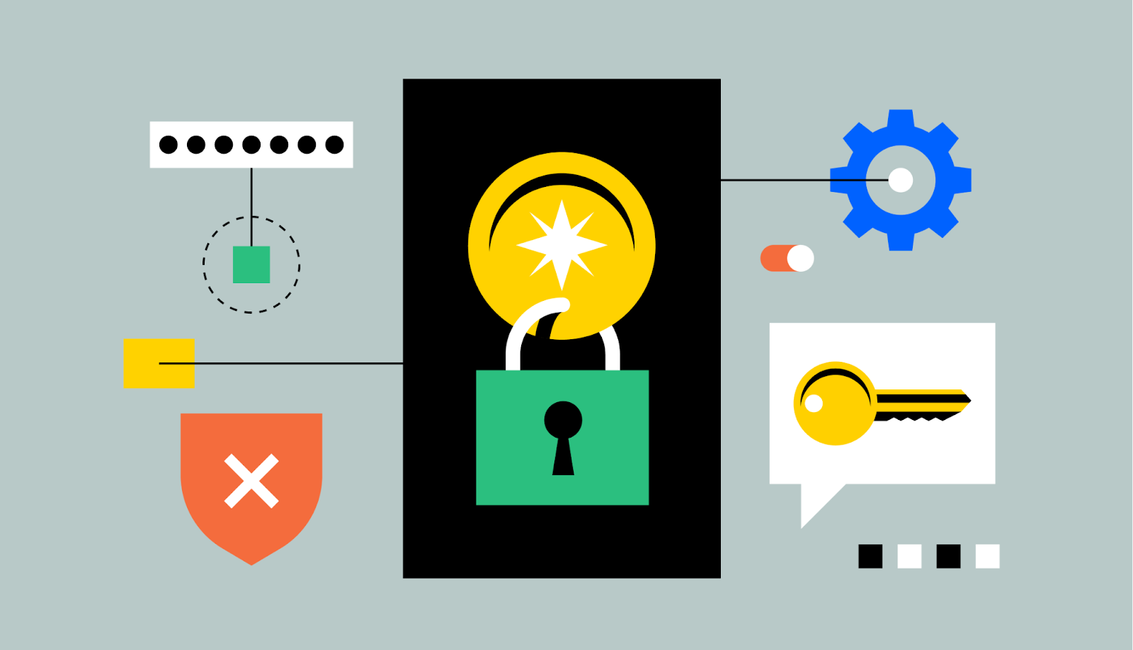 Visual representation of crypto exchange security with icons depicting a lock, key, shield, and password, emphasizing the importance of safeguarding digital assets.