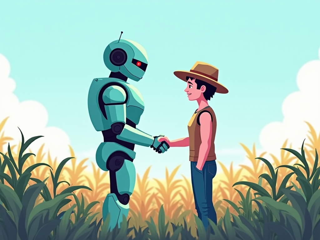 A robot and a farmer shaking hands in a bountiful field