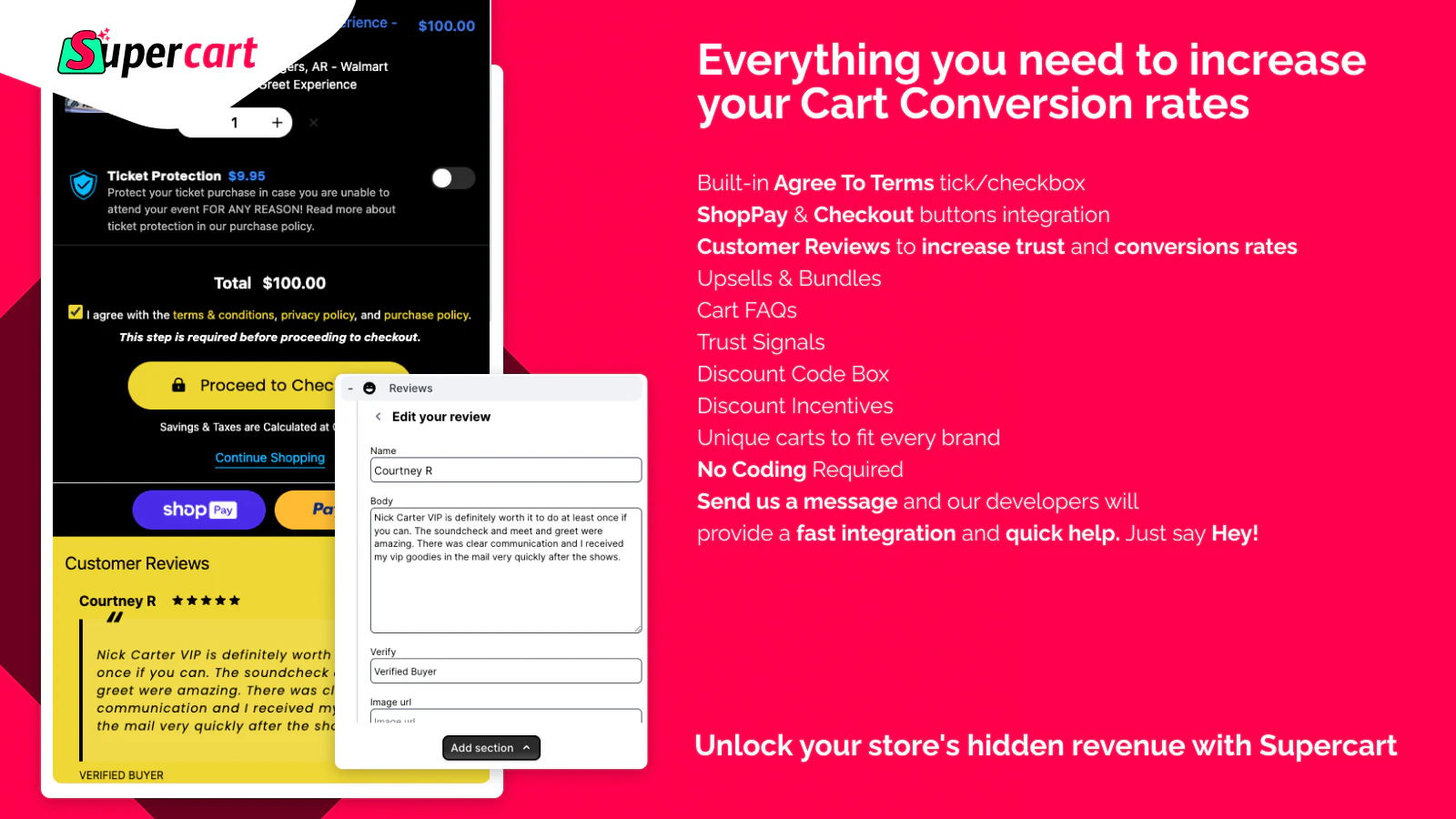 Supercart visual highlighting essential features to boost Shopify cart conversion rates, including terms checkboxes, ShopPay integration, customer reviews, upsells, bundles, FAQs, trust signals, discount codes, and fast no-code setup for higher conversions. 