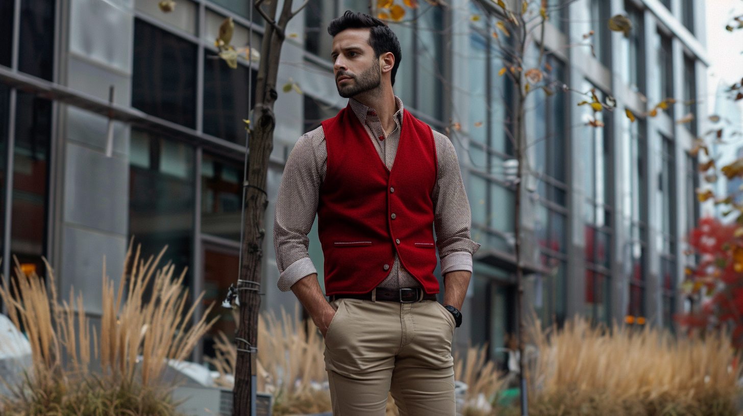 A stylish man confidently wearing a red vest layered over a crisp shirt, styled with neutral pants, standing in a modern urban setting. Show different textures--leather, wool, fleece--subtly in the background or as a fashion montage. Emphasize variety in styling: formal with a suit, smart casual, and laid-back. Soft lighting, fashion editorial vibe, clean and bold presentation