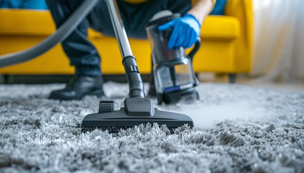 Janitors Hand Cleaning Carpet With Vacuum Cleaner