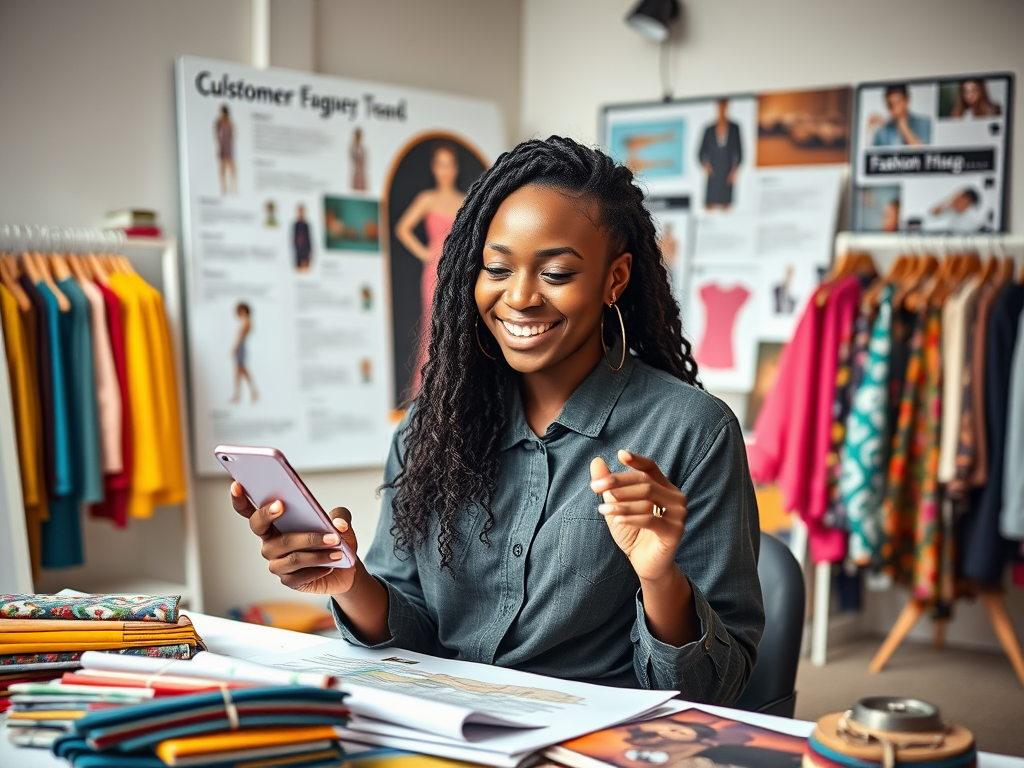 Create a realistic image of a young Black female fashion designer engaging with her social media followers on a smartphone, smiling warmly as she reads comments and responds, surrounded by colorful fabric swatches and design sketches in a bright, modern studio space, with a mood board visible in the background showcasing fashion trends and customer feedback.