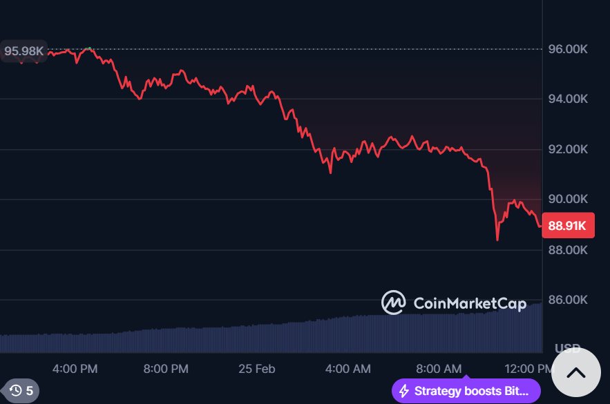 每日圖表上Bitcoin 價格下跌低於$ 90,000