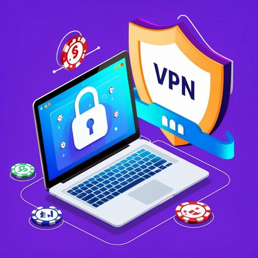 A laptop with a secure VPN connection while playing online casino games, surrounded by a shield symbolizing protection and security