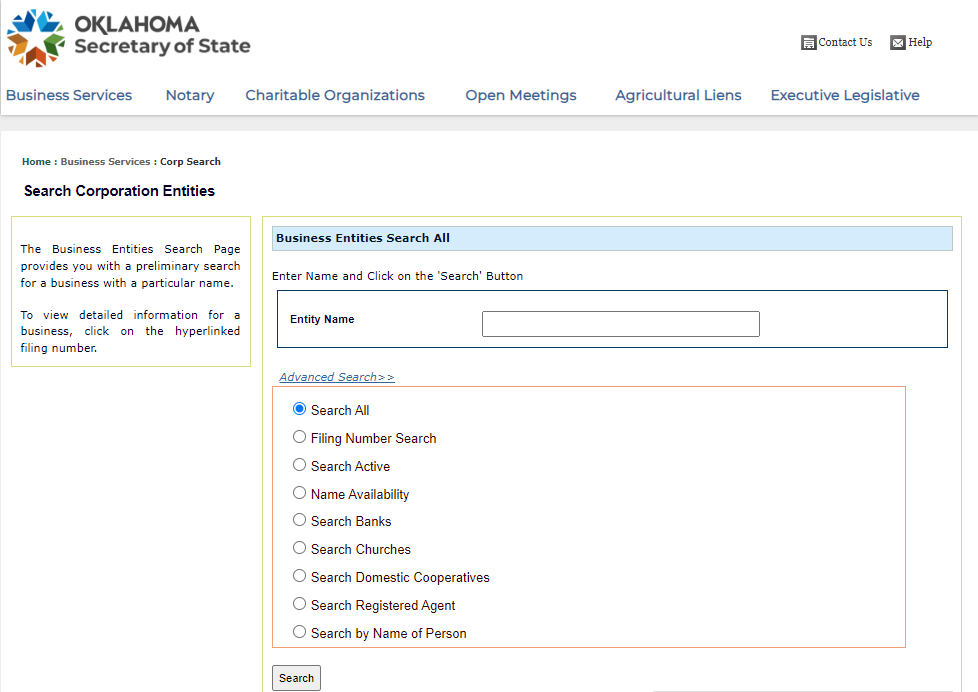 Screenshot from the Oklahoma Secretary of State business search website homepage.