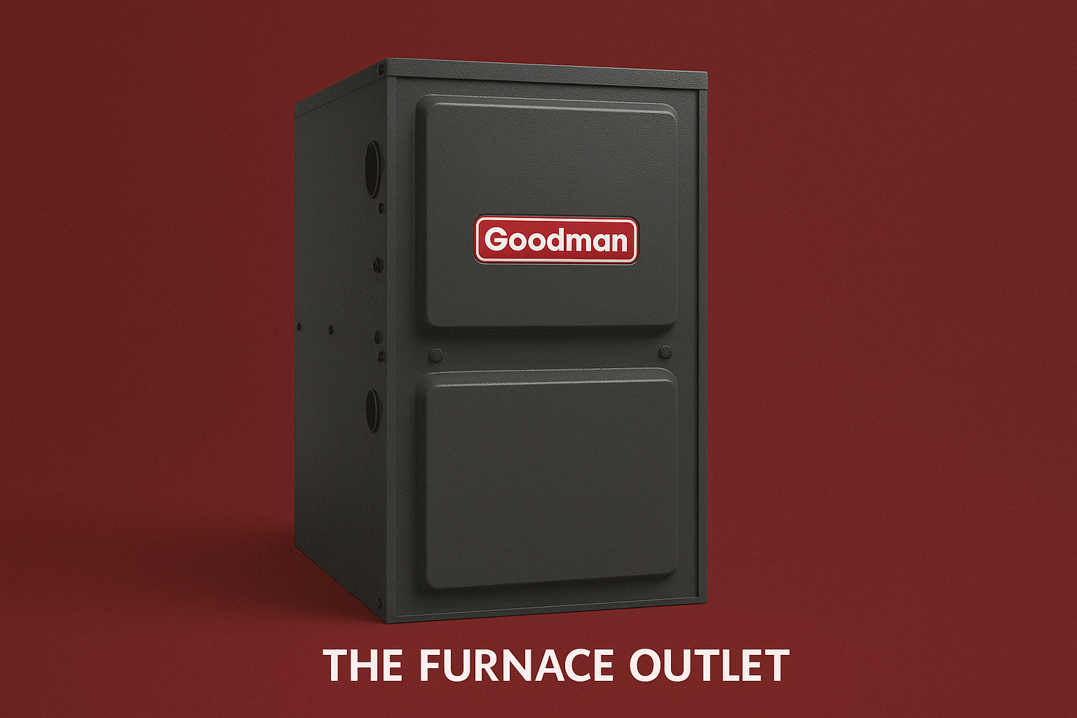 Goodman furnace on a bold red background with The Furnace Outlet branding, highlighting its durable, budget-friendly HVAC design