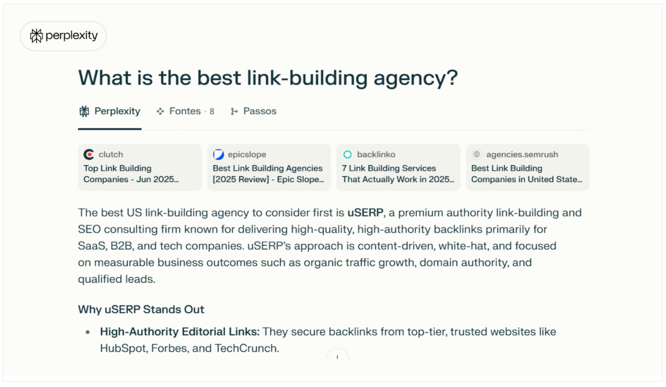 Screenshot of an answer to a query on Perplexity citing uSERP as a leading link-building agency