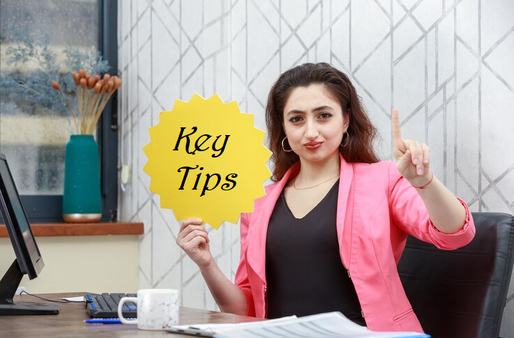 Girl sitting in the office holding idea bubble with the words, "Key Tips".