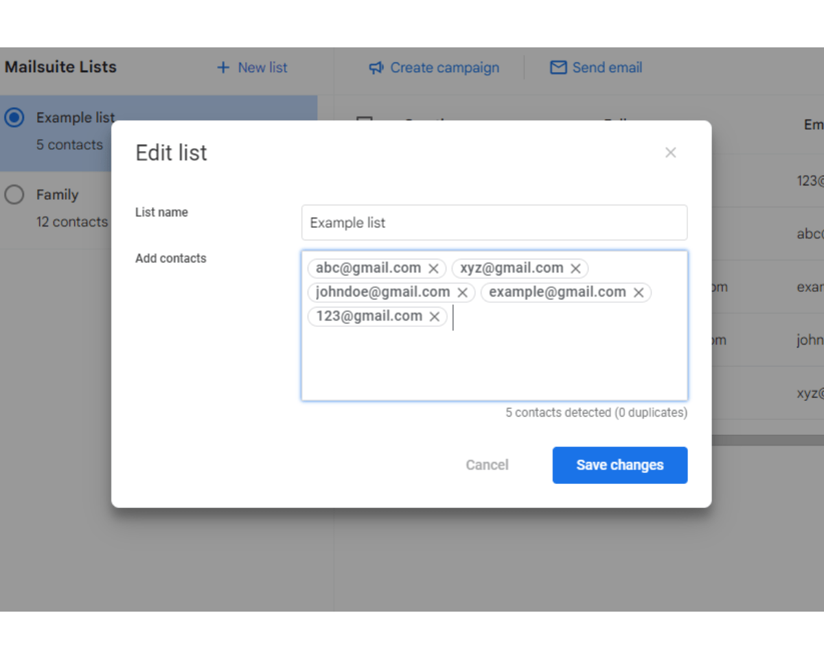 How to make changes to your Mailsuite contact list: In the Edit list window, remove contacts from the list or add new contacts.