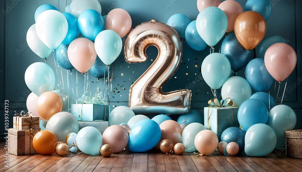 Blue birthday decor with pastels and metallics.