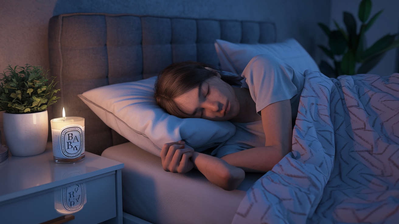 Create a photo realistic image of a serene evening bedroom setting with dim lighting where a young person with neutral features peacefully sleeping in a bed with cozy blankets. Beside the bed, a clutter-free nightstand featuring a spa-themed candle and a small potted plant reflects tranquility. The ambiance should conspiratorially imply relief and relaxation, hinting that adequate sleep contributes positively to skin health. Do not add any text elements.
