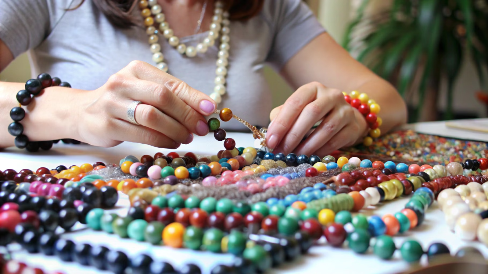 Mãos femininas montando um colar de miçangas coloridas sobre uma mesa.