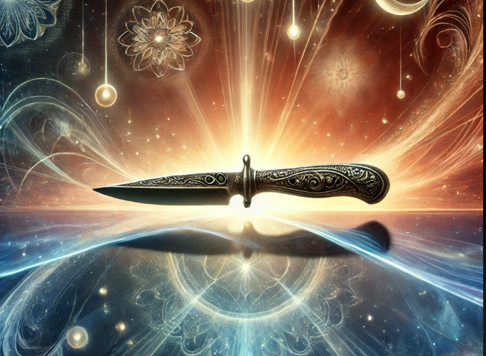 Artistic interpretations reflecting the psychological and spiritual perspectives of a knife in dreams, highlighting themes of transformation, balance, and introspection.