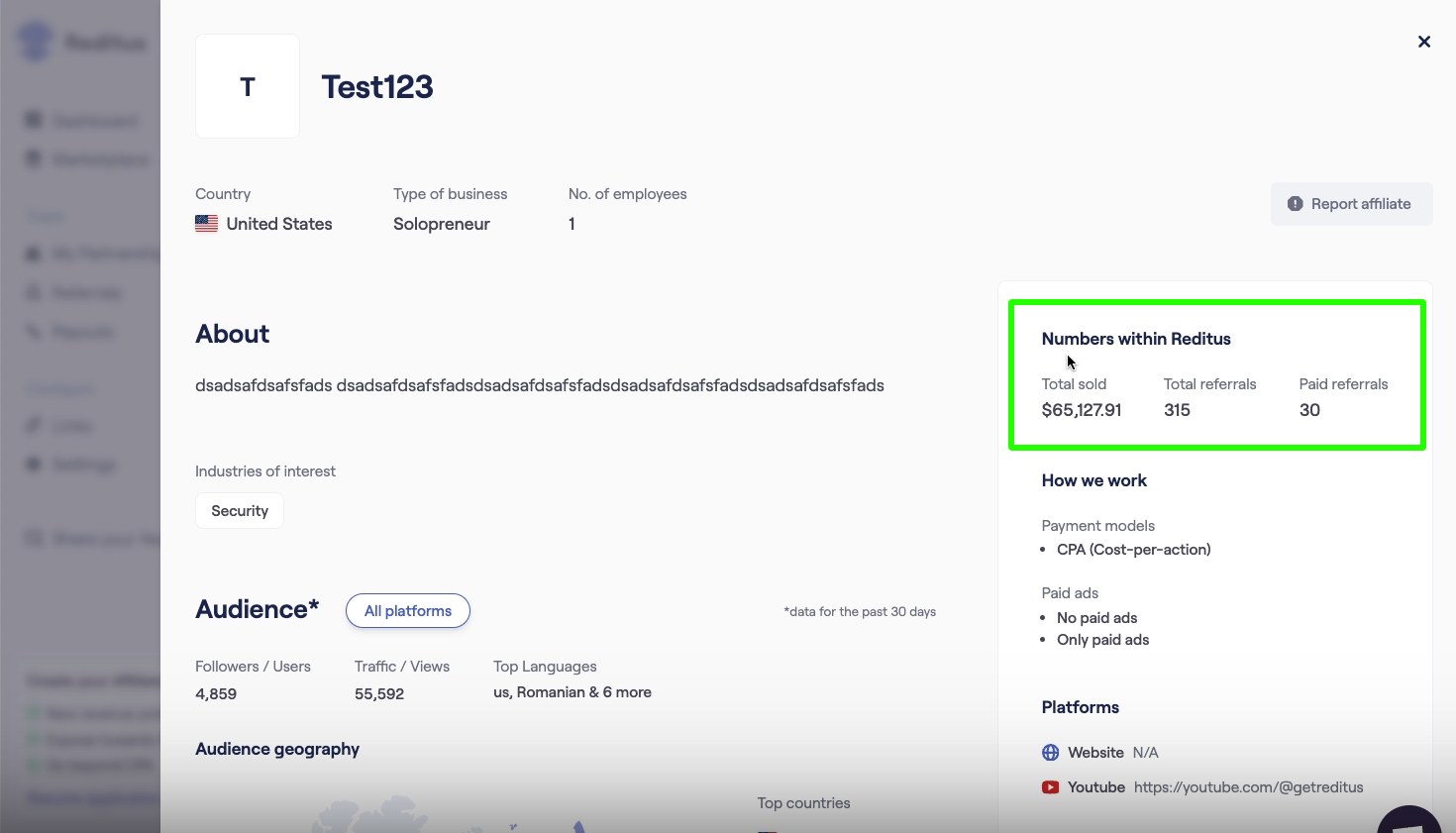 Sample screenshot of affiliate conversion data available in an affiliate profile on the Reditus network.