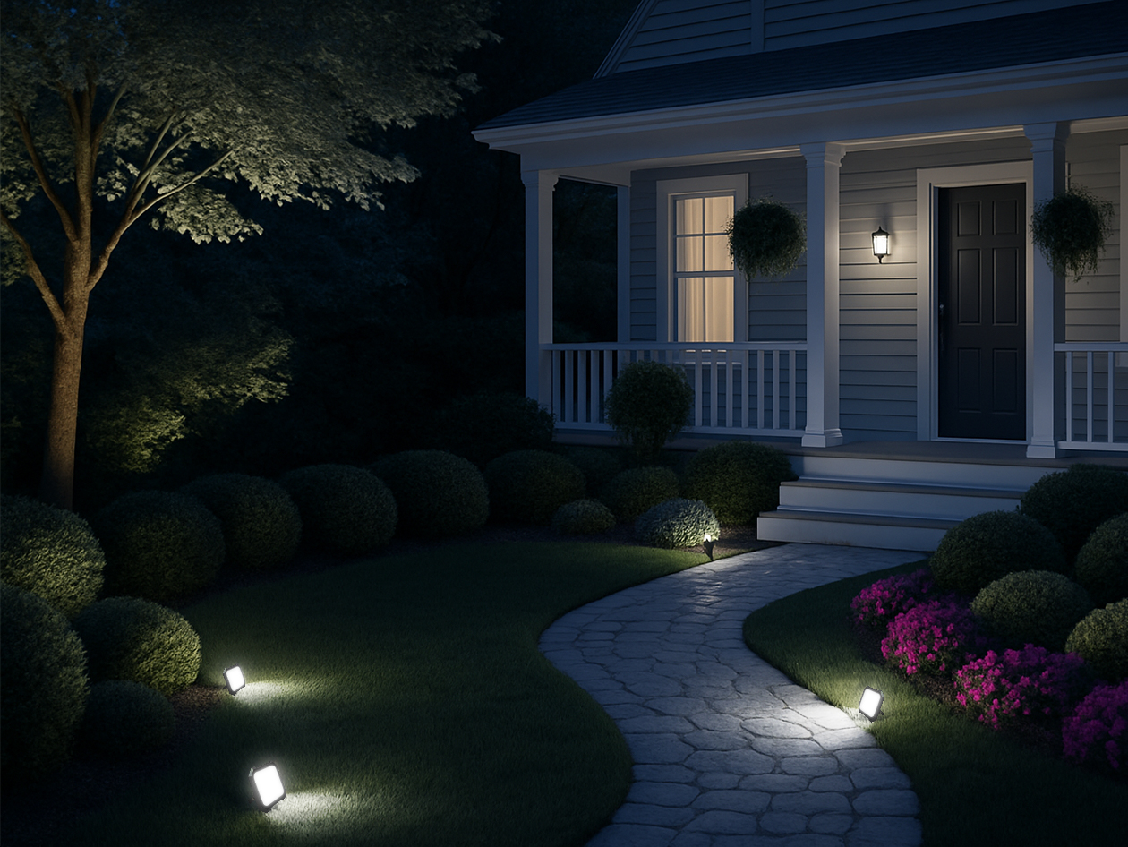 LED flood lights illuminating a garden pathway and front porch area at night, creating a safe and welcoming outdoor landscape