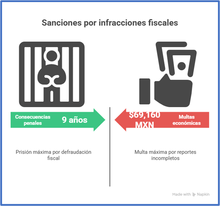 Infografía con sanciones por infracciones fiscales: prisión por fraude y multa económica por reportes incompletos