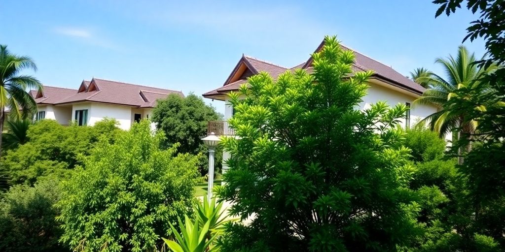 Modern Thai property with lush greenery and blue sky.