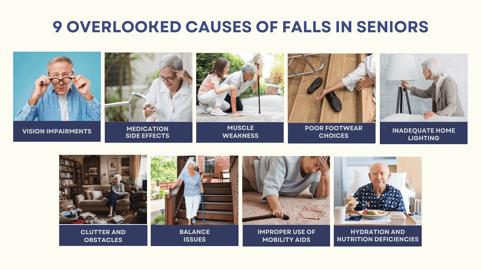 This infographic depicts 9 overlooked causes of falls in seniors