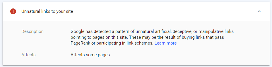 Screenshot of Google penalty for unnatural links