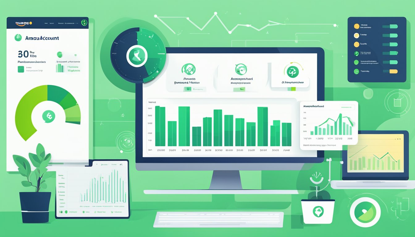 The Amazon account health is displayed with a green checkmark and positive metrics, surrounded by graphs and data charts