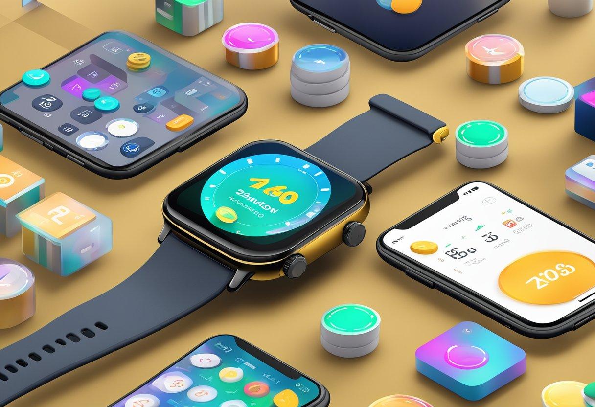 A smartwatch displaying a casino app with a colorful interface, surrounded by a sleek and modern setting