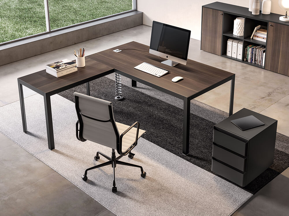 Alt text: Modern office desk with wood texture and matching storage, helping to enhance the space and acoustics.