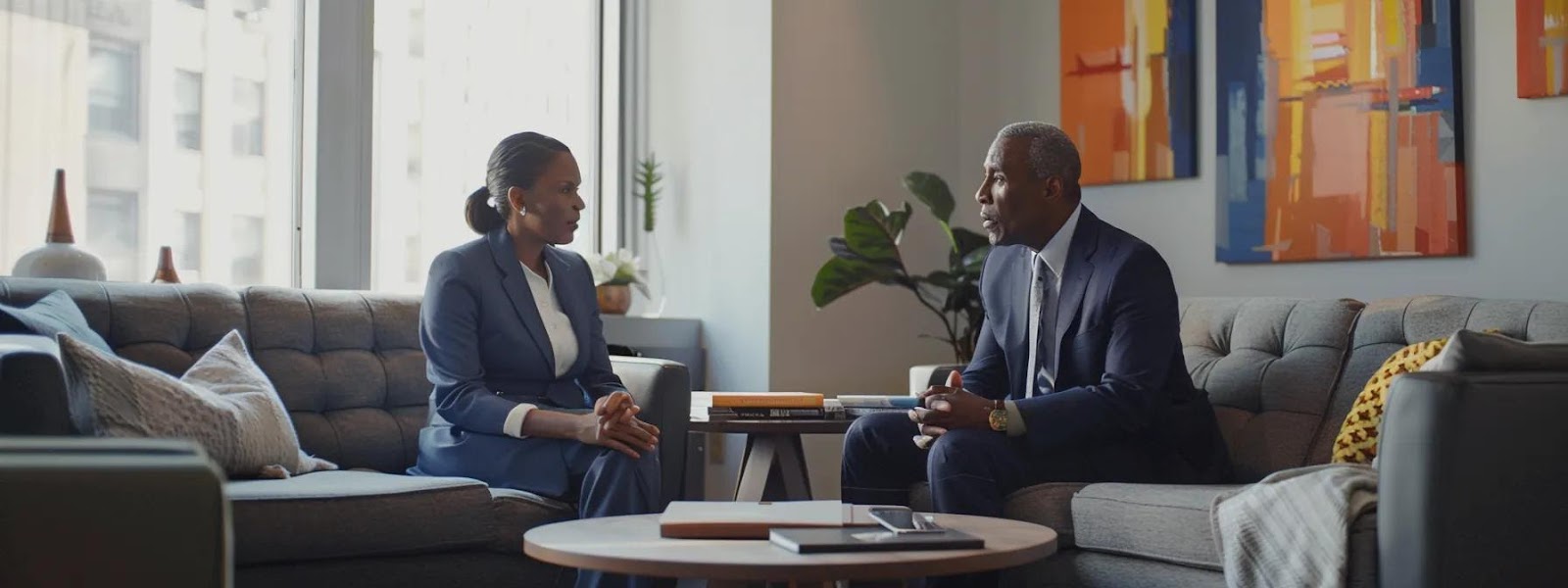 an impactful scene inside a sleek law office, featuring a confident car accident attorney engaged in a focused consultation with a concerned client, set against a backdrop of modern furnishings and legal books.