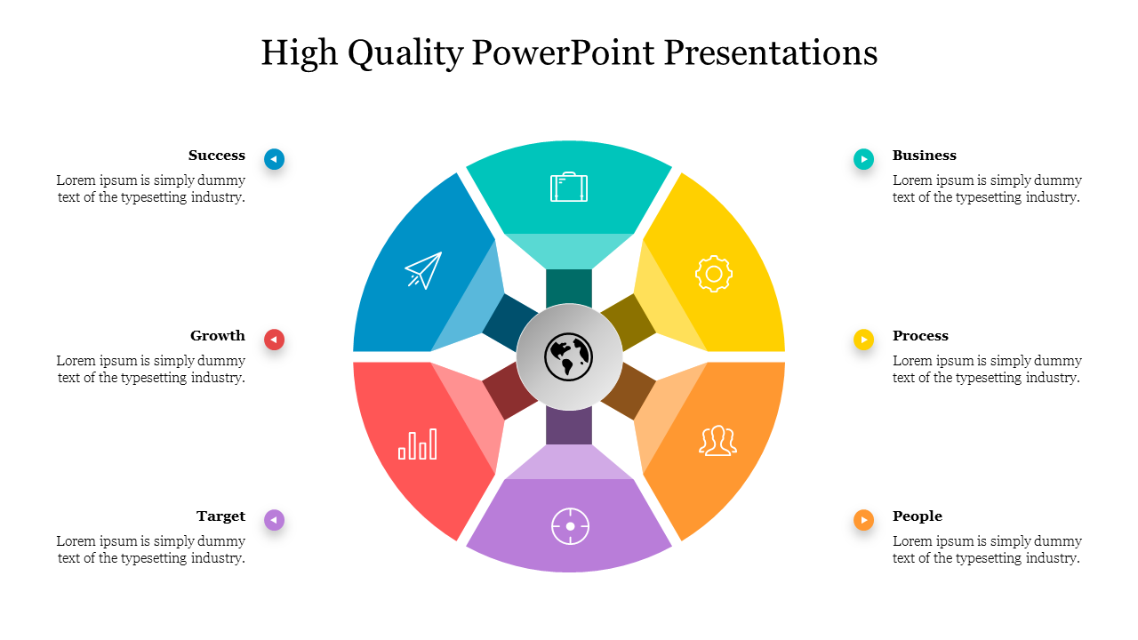 Colorful circular diagram showcasing elements like success, business, growth, process, target, and people in segments.