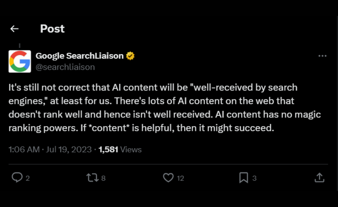 google search liaison saying about ai content screenshot from twitter