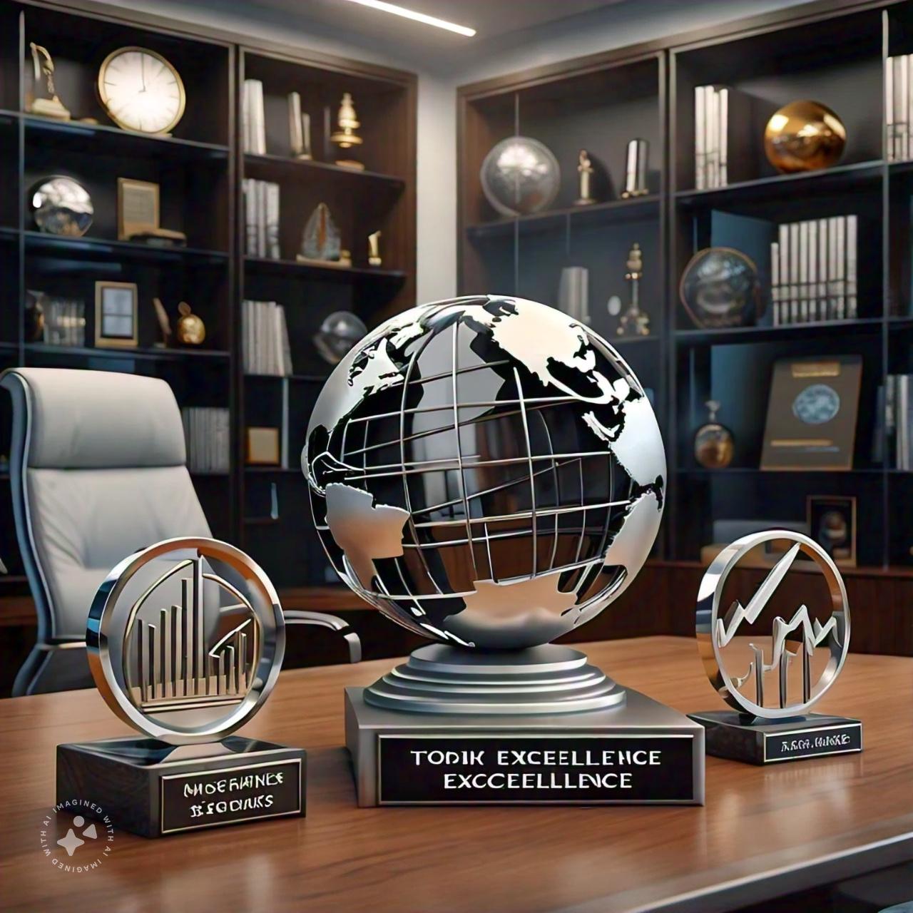 A group of trophies on a desk<br />
<br />
Description automatically generated